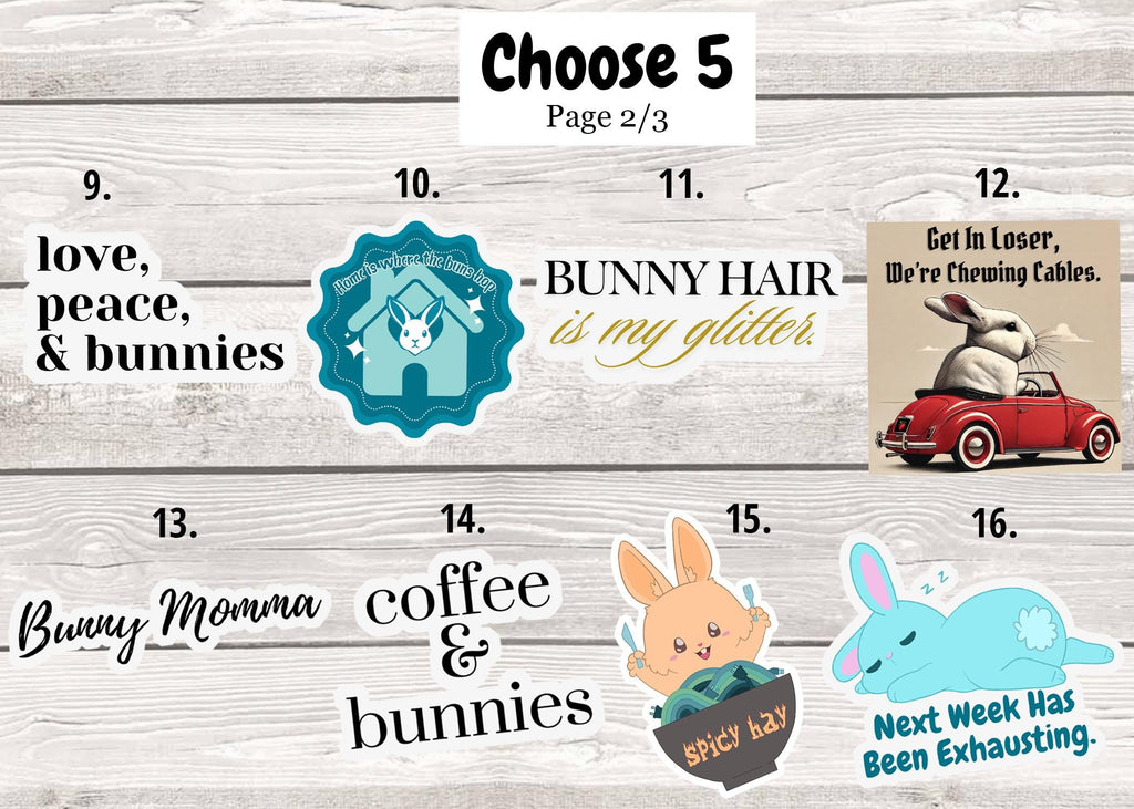 5-Pack Bunny Stickers: 5 Waterproof Rabbit Decals