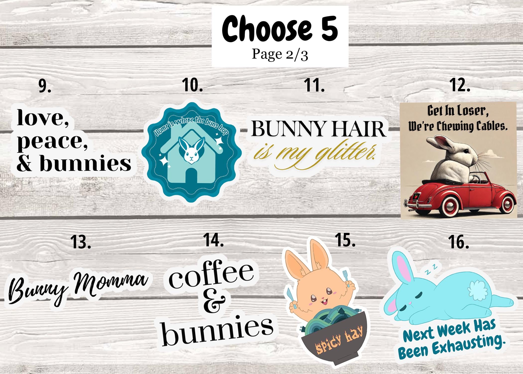 5-Pack Bunny Stickers: 5 Waterproof Rabbit Decals